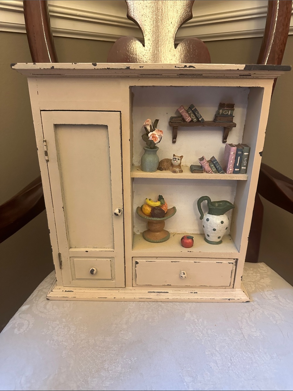 Rustic miniature farmhouse style pale yellow wooden trinket shelf with/storage